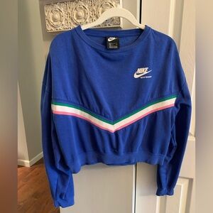 Nike Women's Blue Retro Sweatshirt with Colorful Stripes - Size S